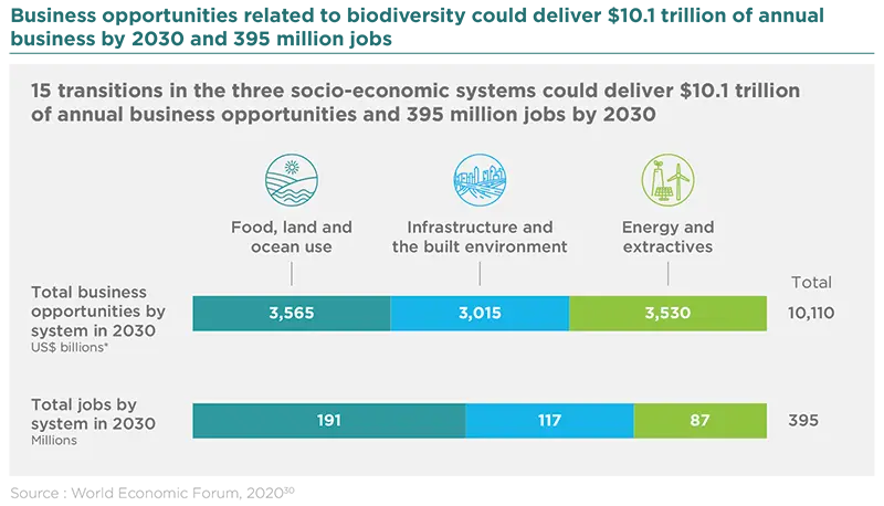 Business opportunities related to biodiversity could deliver $10.1 trillion of annual business by 2030 and 395 million jobs