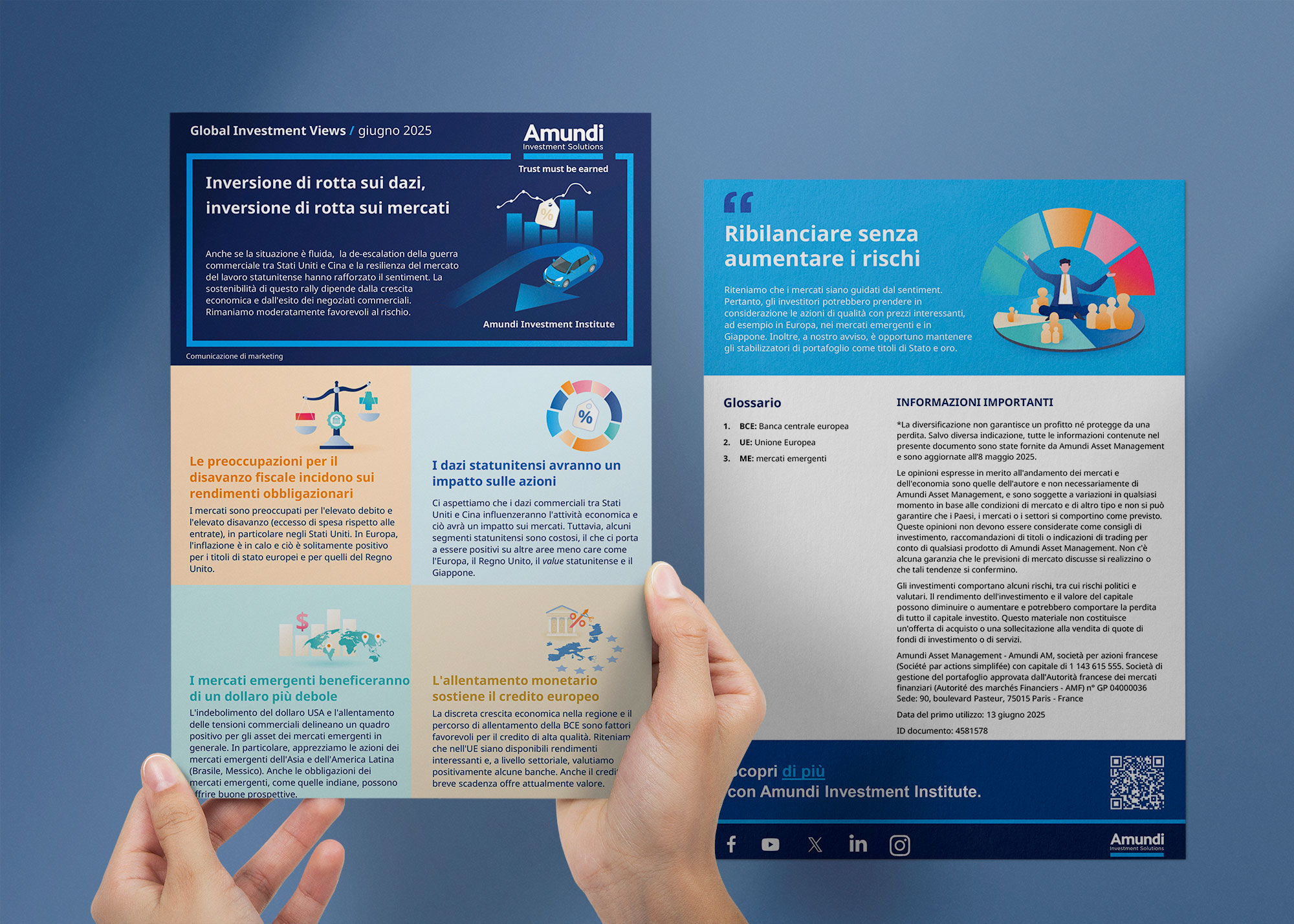 mockup infografica giugno, mani che tengono i due fogli relativi all&#039;infografica con testi ed illustrazioni del documento