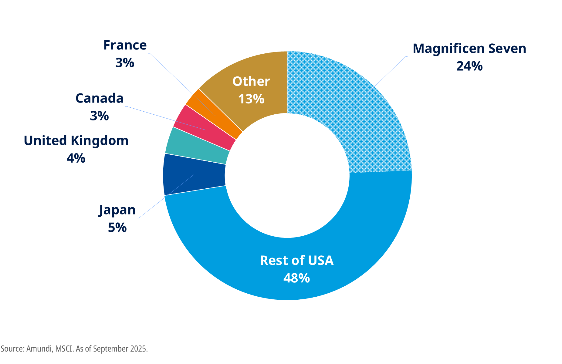 MSCI World Index - USA comprises more than 70% of the index market weight. With a market weight of 24%, the Magnificent Seven represent roughly one quarter of the index.