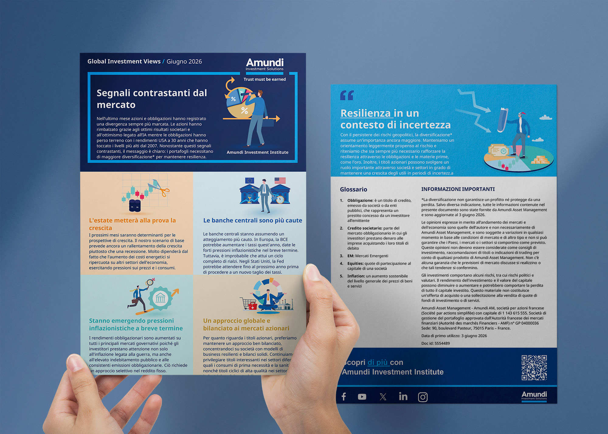 mockup infografica giugno, mani che tengono i due fogli relativi all'infografica con testi ed illustrazioni del documento