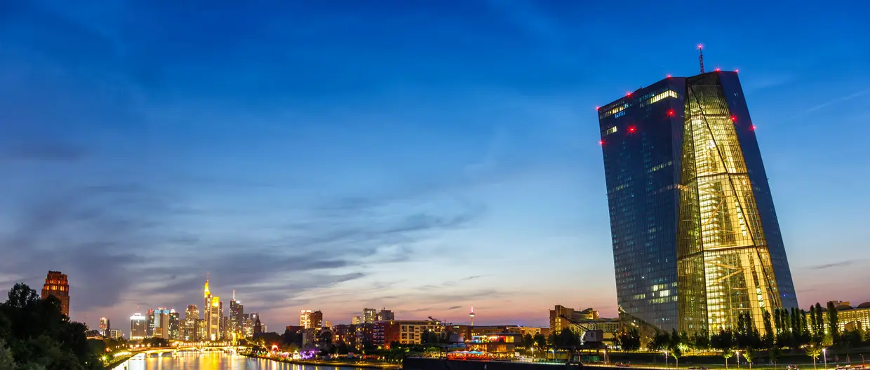 Frankfurt skyline with ECB European Central Bank Main river skyscraper panorama in Germany