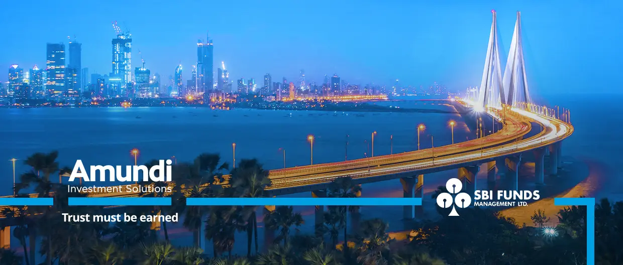 Bridge in Mumbai at night time, co-branded with Amundi and SBI Funds logos (v2)