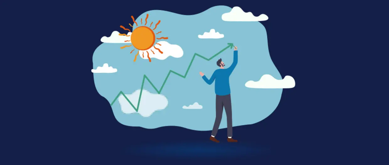 header infografica febbraio 2026 illustrazione di un uomo che disegna un grafico sfondo con cielo nuvole e sole