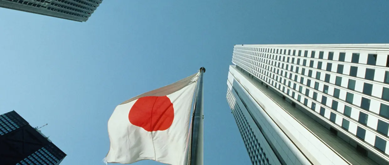 visualizzazione dal basso di una bandiera giapponese e palazzi