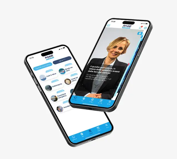 mockup di due telefoni con schermate applicazione Amundi4Advisor