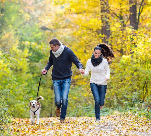 Un uomo e una donna corrono nel parco insieme al loro cane