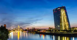 Frankfurt skyline with ECB European Central Bank Main river skyscraper panorama in Germany