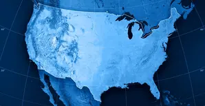 Blue tinted map of North America, with US highlighted