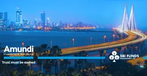 Bridge in Mumbai at night time, co-branded with Amundi and SBI Funds logos (v2)