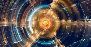 An artistic, abstract depiction of light trails, using long-exposure photography of a city roundabout