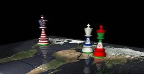 Rendering di una scacchiera decorata con una mappa del mondo e con pezzi decorati con le bandiere americana, israeliana e iraniana.