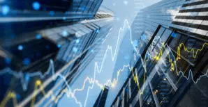 A double exposure image of skyscrapers with overlay of financial graphs, set against a blurred background, illustrating the concept of business growth