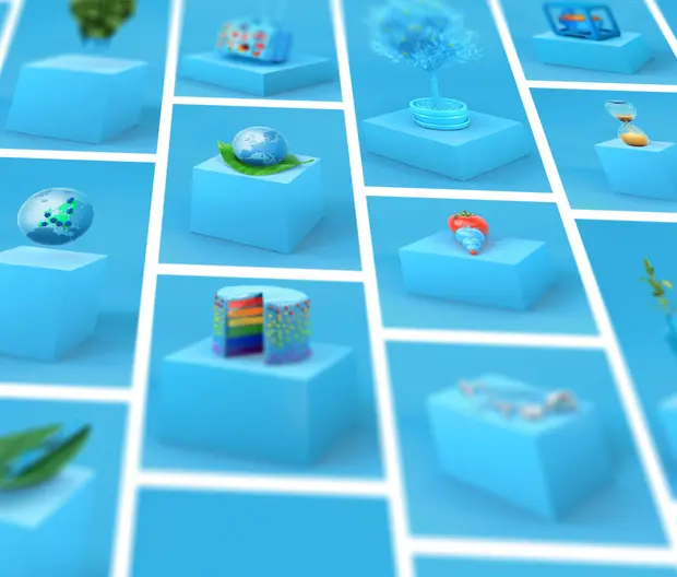 A patchwork of Amundi fund icons going into the distance, with a tilt-shift blur effect.