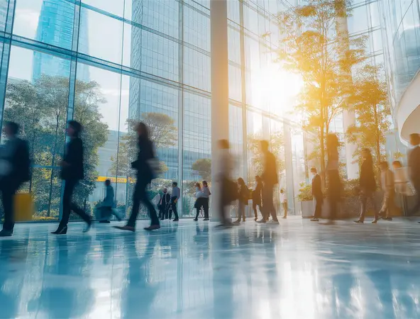 Blurred business people walking in the lobby of a modern office building.