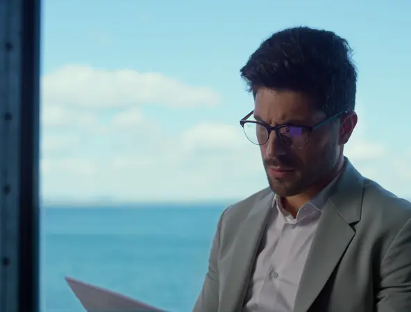 analyst at his desk reading a document