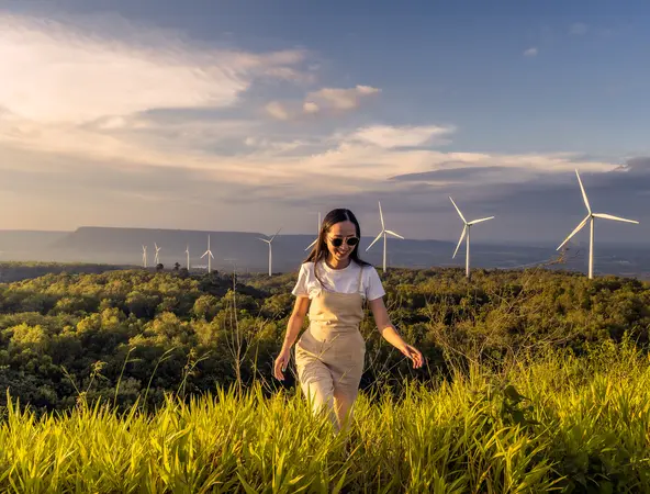 Junge Frau vor Windkraftanlage