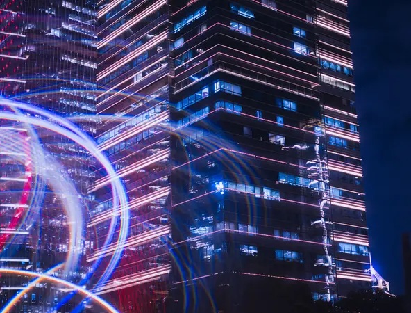 A dynamic, long-exposure photograph of the Shanghai skyline, featuring the Oriental Pearl Tower and other skyscrapers, taken using a camera rotation technique.