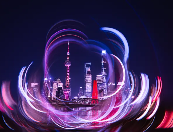 A dynamic, long-exposure photograph of the Shanghai skyline, featuring the Oriental Pearl Tower and other skyscrapers, taken using a camera rotation technique.