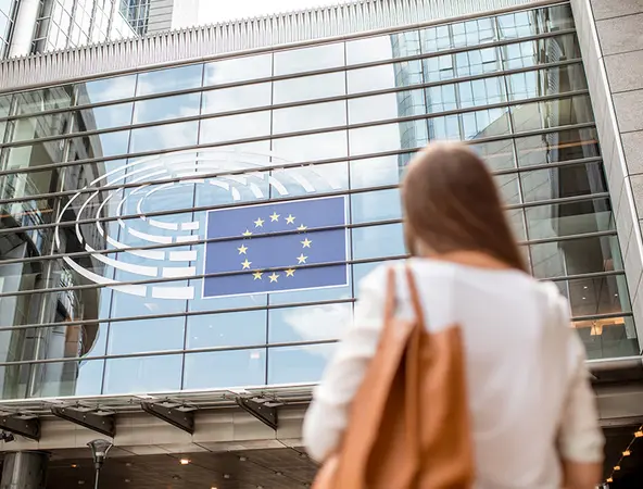 immagine ragazza di spalle davanti ad un edificio con bandiera europea