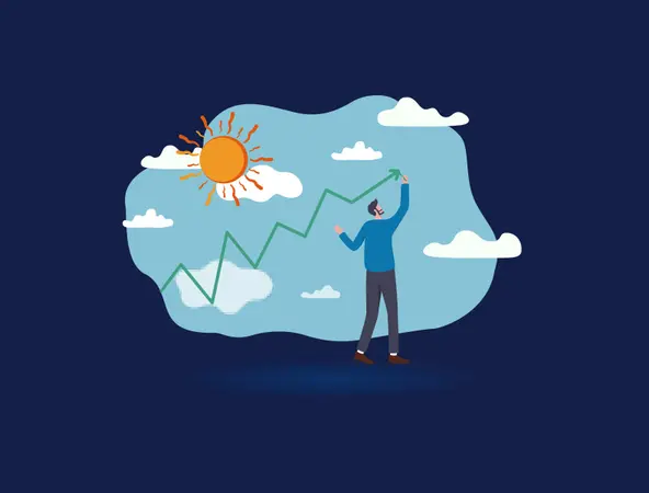 header infografica febbraio 2026 illustrazione di un uomo che disegna un grafico sfondo con cielo nuvole e sole