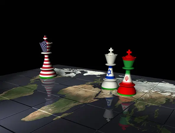 Rendering di una scacchiera decorata con una mappa del mondo e con pezzi decorati con le bandiere americana, israeliana e iraniana.