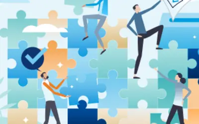 Des experts financiers assemblent des pièces de puzzle représentant la gestion d'actifs.