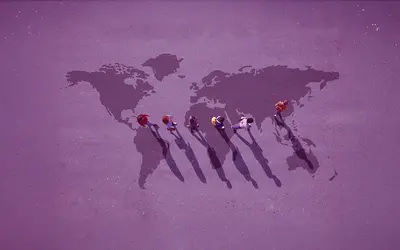 Illustration de silhouettes de personnes devant une carte du monde, thème d'investissement en gestion d'actifs.