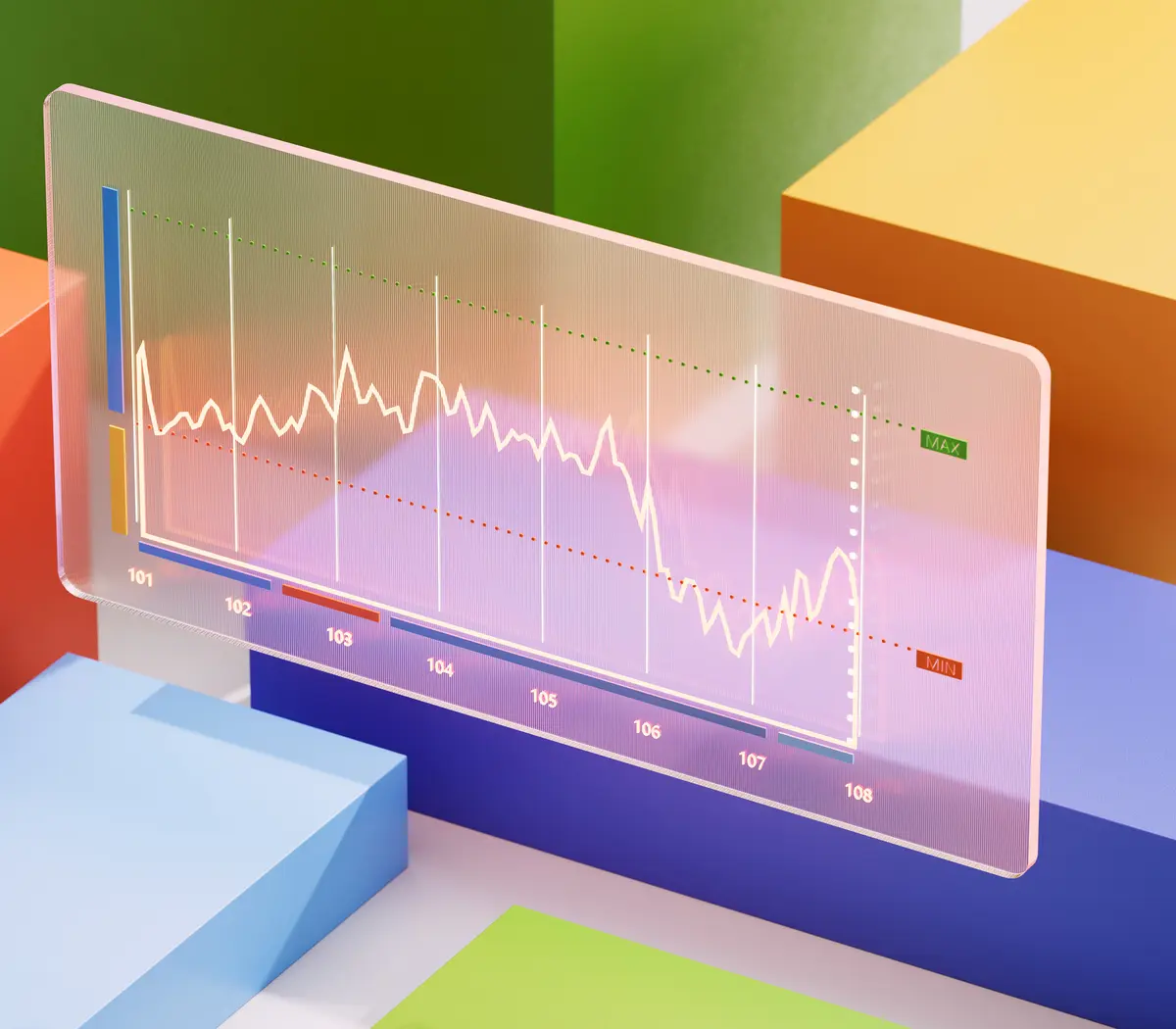 Graphique financier transparent sur des cubes colorés, représentant l'évolution d'un fonds.