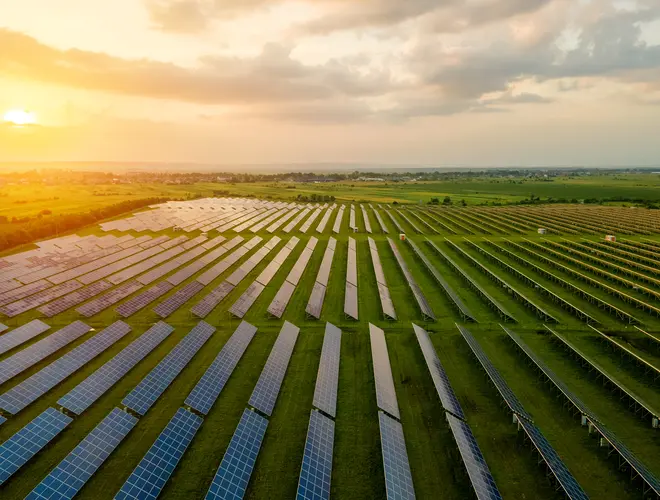Champs solaires s'étendant sous un coucher de soleil, symbolisant l'investissement durable.