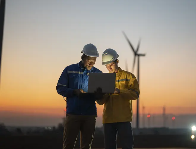 Deux experts en énergie renouvelable examinent des données sur un ordinateur portable au coucher de soleil.
