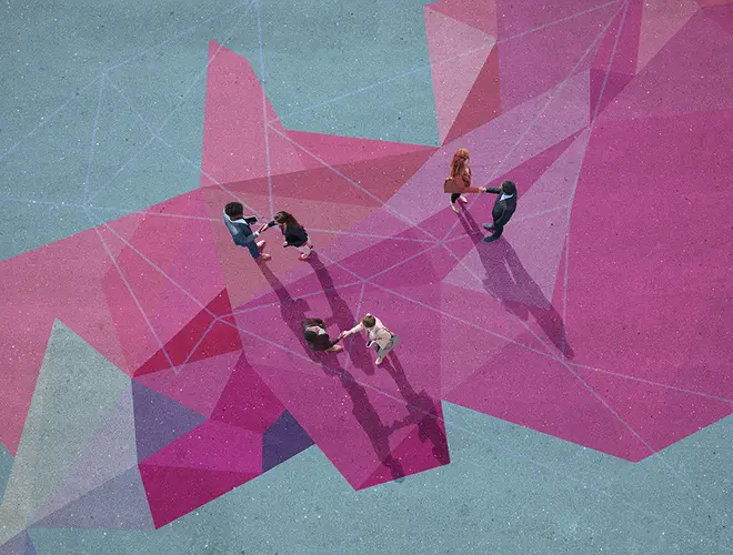Illustration abstraite en rose représentant des concepts d'investissement et de gestion d'actifs.