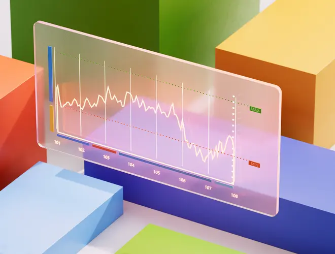 Graphique financier transparent sur des cubes colorés, représentant l'évolution d'un fonds.