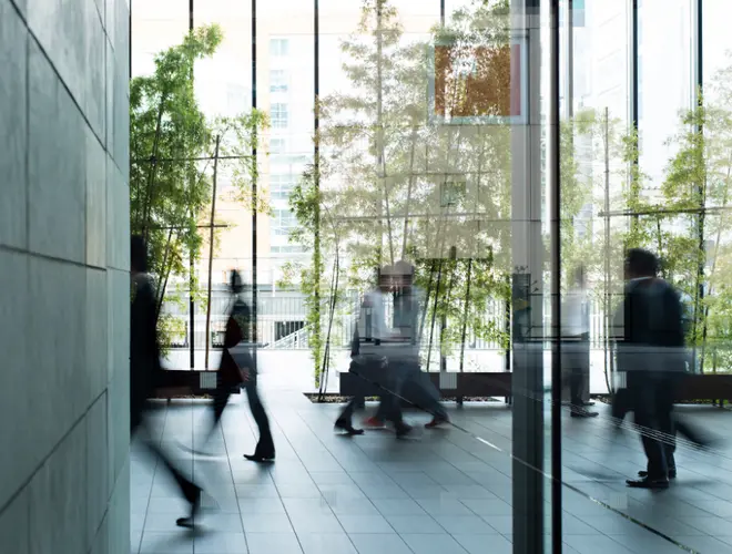 Divers professionnels se déplacent dans les bureaux d'Amundi, entourés de verdure.