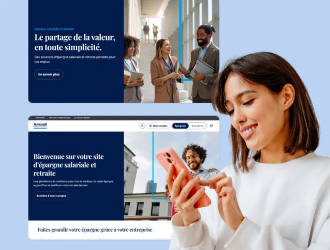 Bannière de site web d'Amundi avec une femme souriante utilisant un téléphone.