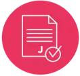 Icône ronde rose d'un document avec une coche, symbolisant la conformité en gestion financière.
