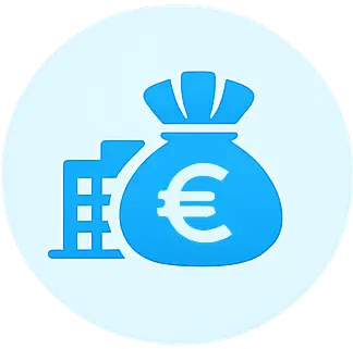 Icône représentant un sac d'argent et un bâtiment, symbole des services financiers.