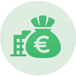 Logo représentant un sac d'argent avec un symbole euro et un bâtiment, en contexte financier.