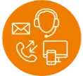 Icône représentant un service client avec des éléments de communication, en contexte de services financiers.