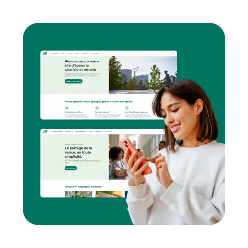 Femme consultante une application financière dans les bureaux d'Amundi.
