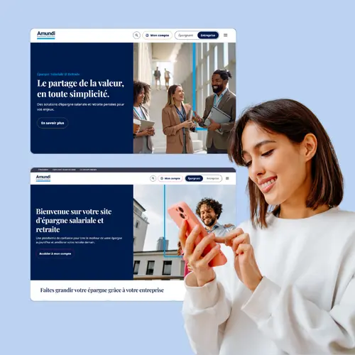 Bannière de site web d'Amundi avec une femme souriante utilisant un téléphone.