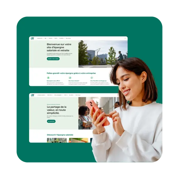 Femme consultante une application financière dans les bureaux d'Amundi.
