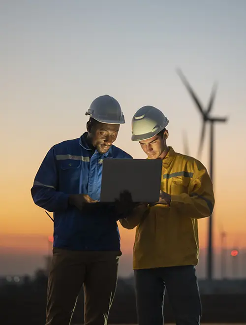 Deux experts en énergie renouvelable examinent des données sur un ordinateur portable au coucher de soleil.