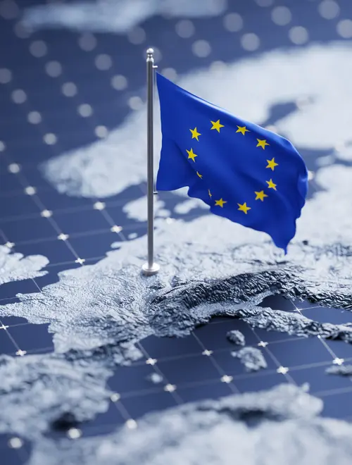 Drapeau de l'Union européenne sur une carte illustrant les affaires monétaires et financières.