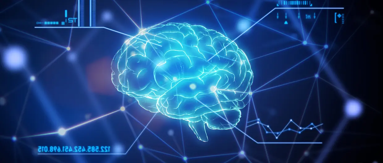 menschliches Gehirn vor abstraktem Hintergrund in Blautönen