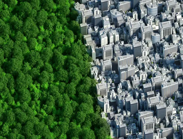 Stadtlandschaft trifft auf grüne Waldfläche