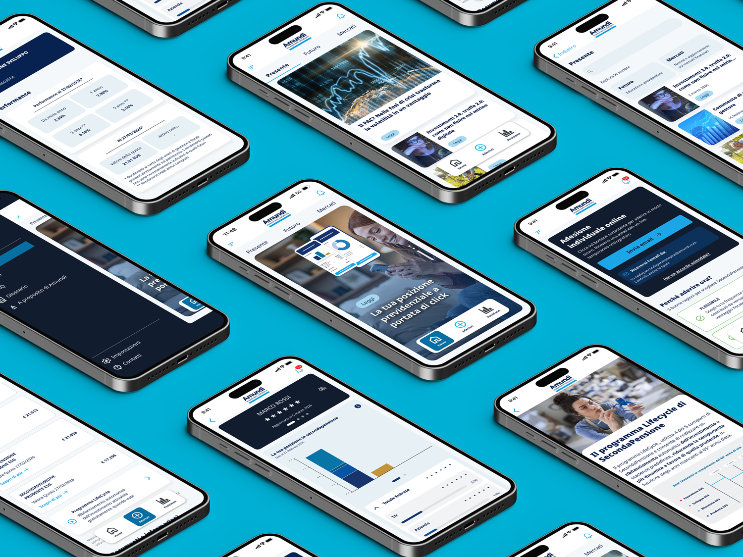 immagine isometrica di diversi smartphone che mostrano ognuno una schermata della nuova app amundi secondapensione plus
