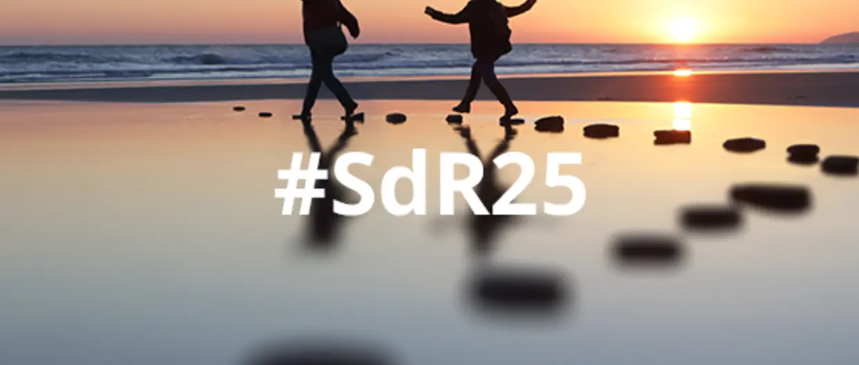 immagine per articolo su partecipazione amundi a salone del risparmio 2025 due persone camminano in equilibrio su sentiero di sassi a filo dell'acqua con tramonto su sfondo