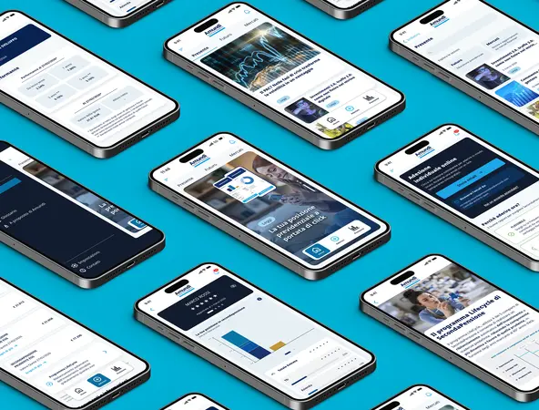 immagine isometrica di diversi smartphone che mostrano ognuno una schermata della nuova app amundi secondapensione plus