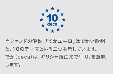 当ファンドの愛称、「でかユーロ」はでかい欧州と、10のテーマという二つを示しています。でか(deca)は、ギリシャ語由来で「10」を意味します。