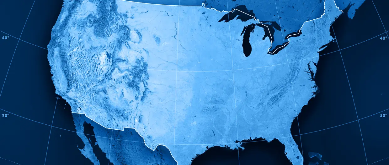 Blue map of North America with US highlighted